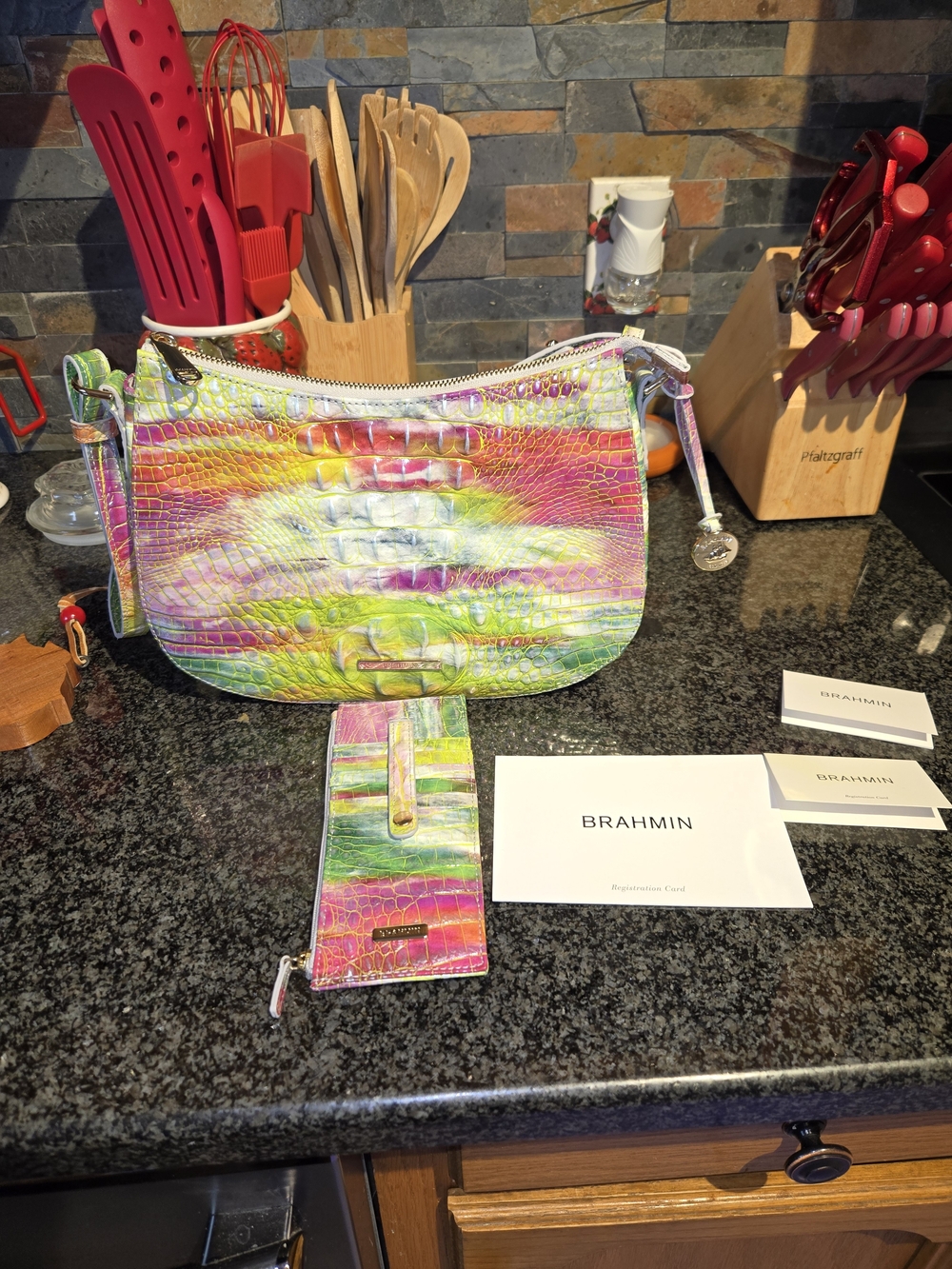 Brahmin Shayna Multicolor Croc-Embossed Leather Shoulder Bag W/card Wallet